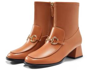lot 1686 image: Junayuan Womens Square Toe Ankle Boots Chunky Low Heel Metal Chain Side Zipper Dress Fall Booties Shoes, Brown, Size 7.5 - Retail $30