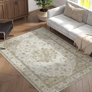 lot 1695 image: jinchan 5x7 Area Rugs Machine Washable Rug for Bedroom - Stain Resistant Vintage Floral Medallion Ultra-Thin Low Pile Non-Slip Indoor Carpet for Living Room Dining Room Kitchen (5x7ft,Taupe) - Retail $20