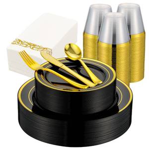 lot 1700 image: ISFANGCO 350 PCS Black and Gold Dinnerware Set for 50 Guests, Black Disposable Plates with Gold Rim for Party Wedding-50 Dinner Plates, Dessert Plates, Silverware Set,Napkins and Cups - Retail $49