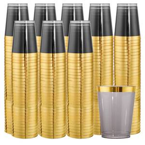 lot 1702 image: supernal 100pcs Gold and Black Plastic Cups 10oz Gold Rimmed Elegant Black Party Cups Heavy Duty Fancy Wedding Drinking Tumblers Plastic Cup for Party and Birthday - Retail $30