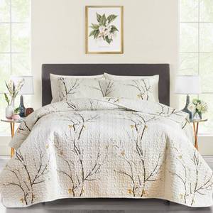 lot 1707 image: Quilt Set Queen Size Cream White with Black Branch Bedding Set 88x88 Soft Microfiber Lightweight Coverlet Bedspread Summer 3 Pc Bed Cover for (1 Quilt 2 Shams) - Retail $35