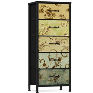 lot 1712 image: Furnulem Vertical Dresser for Bedroom, Tall Skinny Storage Tower with 5 Fabric Drawers, Chest of Drawers for Living Room, Dorm, Entryway, Vintage Furniture, Wood Top - Retail $43