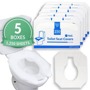 lot 1714 image: Reli. Toilet Seat Covers (1250 Pcs, 5 Packs of 250)  Disposable Toilet Seat Cover - Flushable - 14x16 (Half-Fold)  Paper Liners for Restroom, Bathroom, Travel, Camping, Kids Potty Training - Retail $22