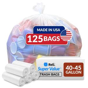 lot 1717 image: Reli. SuperValue 40-45 Gallon Trash Bags Heavy Duty  125 Trash Bags  Super Sizeable for Serious Garbage Cleanup (Clear) - Retail $25
