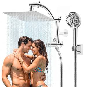 lot 1720 image: Hibbent All Metal Shower Head, 10 High Pressure Rain Shower HeadHandheld Showerhead Combo with 16 Adjustable Arc-shaped Extension Arm, 10 Sprays, 71 Hose, Adhesive Showerhead Holder, Chrome - Retail $80