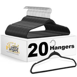 lot 1721 image: Quality Hangers 20 Pack Plastic Hangers for Clothes - Slim Non-Velvet Hangers with 360° Swivel Chrome Hook &amp Non Slip Notches - Ideal for Dresses Coats Shirts Jackets &amp More - Black - Retail $20