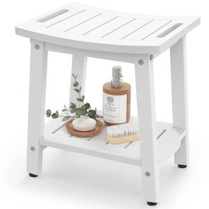 lot 1722 image: BEKVEM Shower Bench for Inside Shower - White HDPE Shower Stool Waterproof - Spa Bathroom Seat Chair with Handle, Storage Shelf, Adjustable Feet - IndoorOutdoor, Weather Resistant - Retail $60