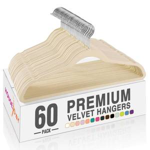 lot 1731 image: HOUSE DAY Beige Velvet Hangers 60 Pack, Non Slip Clothes Felt Hanger Heavy Duty for Coat, Premium Slim Space Saving Suit Hangers for Closet Organizer, 360° Rotating Silver Hook - Retail $32
