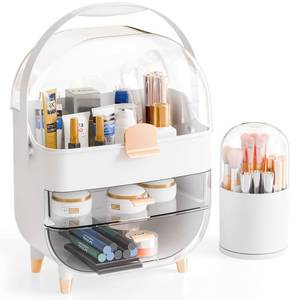 lot 1732 image: Yieach Countertop Makeup Organizer for Vanity,Large Capacity Skincare Organizers With Drawers and Makeup Brush Holder,Cosmetic Display Cases with Clear Cover for Bathroom,Dresser,Beauty Product,White - Retail $22