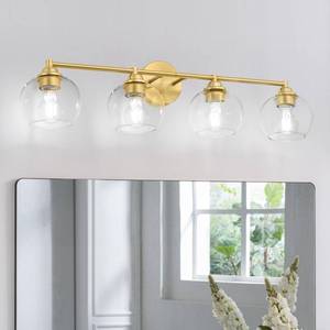 lot 1734 image: Spiragesdia Brushed Gold Bathroom Light Fixtures,4-Light Vanity Lights with Clear Glass,Mid Century Modern Bathroom Light Fixture Over Mirror