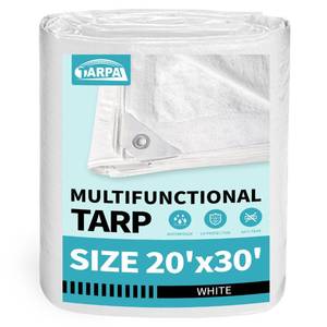 lot 1735 image: TARPAL 20x30 Feet White Tarp Waterproof Multipurpose Protective Cover All Purpose Outdoor Poly Tarps Cover for Swimming Pool, Roof Waterproofing,Boat, car, Camping, firewood,Outdoor Furniture,etc - Retail $60