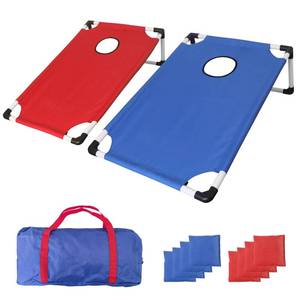 lot 1736 image: Portable PVC Framed Cornhole Game Set with 2 Collapsible Cornhole Boards, 8 Bean Bags and Carrying Case, Waterproof Mini Cornhole Set, Outdoor Indoor Yard Toss Games for Family (3 x 2-feet) - Retail $40