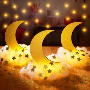 lot 1741 image: Wonderjune 9 Sets Twinkle Twinkle Little Star Table Centerpieces DIY Moon Stars Baby Shower Decorations Light Star Cloud Decor for Baby Shower Birthday Party DIY Crafts(Glitter Gold) - Retail $39