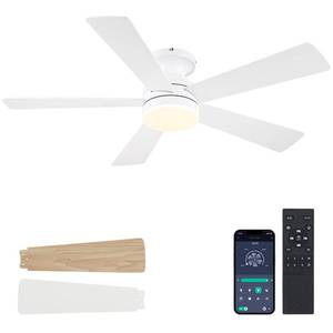 lot 1744 image: BYKISTOK White Ceiling Fans with Lights - 46 Flush Mount Low Profile Ceiling Fan Light with 5 Double-Sided Blades, 6 Speeds 3CCT Reversible Motor, Modern Ceiling Fan for IndoorOutdoor Patios - Retail $50