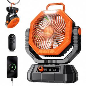 lot 1745 image: AJVV Camping Fan Rechargeable, Battery Powered Fan With Remote Controller, LED Light, Dual Motors, Stepless Speed, 45°90°270° Swing,Timer, Portable fan For Travel Tent Bedroom Beach Fishing, Orange - Retail $27