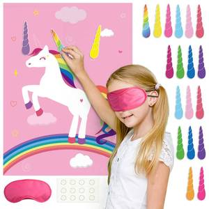 lot 2002 image: FEPITO Birthday Party Game for Kids Pin The Horn on Unicorn-Game Poster with 24 Horn Stickers Pin The Tail Game for Girl Unicorn-Birthday Rainbow Party Favors Supplies Wall Home Room Decorations - Retail $7