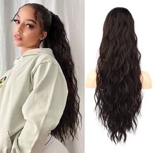 lot 2005 image: Flufymooz Ponytail Extension, 26 Inch Drawstring Ponytail Hair Extensions for Women, Long Curly Wavy Pony Tail Natural Wavy Synthetic Hairpiece for Women Daily Use party (26 Inch Black Brown) - Retail $19