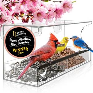 lot 2010 image: Window Bird Feeder by Natures Hangout - Award-Winning Transparent Acrylic Bird Feeders for Outdoors, No Assembly, Strongest Suction Cups, Birds Watching for Cats, Easy-to-Clean Birdhouse Feeder - Retail $32