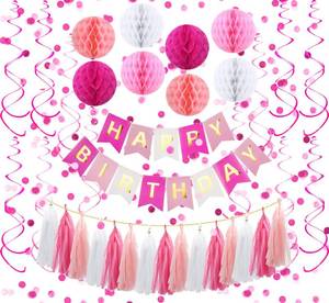 lot 2032 image: Pink Birthday Decorations With Pink Happy Birthday Banner, Hanging Swirl Decorations, Confetti, Honeycomb Balls, Tissue Tassel - Retail $10