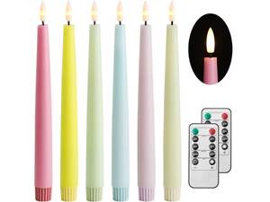 lot 2036 image: Stmarry Multicolored Pastel Flameless Taper Candles with Remote and Timer, 9.65 Inch Real Wax LED Colorful Candlesticks, Battery Operated Colored Tall Candles with 3D Flickering Flame, 6 Pack - Retail $26