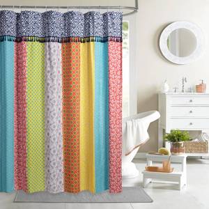 lot 2056 image: HIG Boho Patch Shower Curtain - Fabric Bohemian Colorful Print Vertical Stripe Design with Tassels, Chic Shower Curtain for Bathroom, 72 x 72, Multicolor, Orange(N60050) - Retail $19
