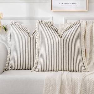 lot 2059 image: MIULEE Pack of 2 Gray Pillow Covers 24x24 Inch Striped Farmhouse Couch Throw Pillow Covers with Fringe Chic Linen Decorative Cushion Eruo Sham for Sofa Living Room Bed Outdoor Home Decor - Retail $31