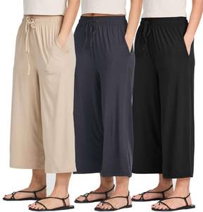 lot 2060 image: Real Essentials 2 Pack Womens Ultra-Soft Wide Leg Loose Capri Open Bottom Pants - Yoga Lounge Pockets(Available in Plus) L - Retail $37