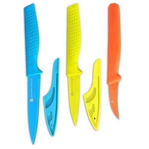 lot 2065 image: Gourmet Forged ColorSlice 3 PC Color-Coded Paring Knife Set. 5 Fruit Knife, 3.5 Paring, 3 Bird Beak Hook Peeler Curved Non Stick Dishwasher Safe Knives Sharp Stainless Steel Anti Rust - Retail $10