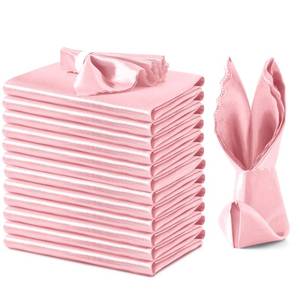 lot 2084 image: VACVELT 12 Pack Blush Pink Satin Napkins 12x12 Inch for Wedding, Scalloped Elegant Square Table Decor, Silky Cloth for Restaurant Banquet Graduation Party - Retail $6