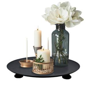 lot 2091 image: GlrYer 11 inches Black Round Metal Candlestick Tray, Wood Foot Decorative Serving Tray, Perfume and Candle Holder Tray for Wedding Table, Dinning Table Decorations - Retail $18