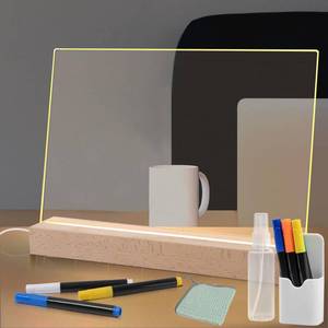 lot 2116 image: Acrylic Dry Erase Board with Light Up Stand for Desk 13 x 9, Clear Desktop Note Memo White Board Notepad Table LED Letter Massage Boards for Personal Creative Use (Acrylic Clear Board & Accessories) - Retail $25