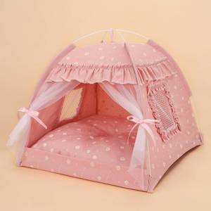lot 2127 image: Cat Bed Tents Dog House Indoor Outdoor Lace Mesh Breathable Windows Door Curtains Removable Portable Nest Teepe House (Small,Pink(Ruffled Teim)) - Retail $24