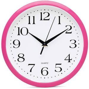 lot 2130 image: Bernhard Products Pink Wall Clock 10 Inch Silent Non Ticking Battery Operated Quality Quartz Round Easy to Read HomeOfficeKitchenNurseryGirls BedroomClassroomKids PlayroomSchool Clock - Retail $28