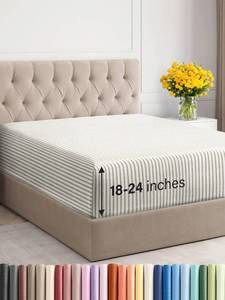 lot 2144 image: Extra Deep Queen Fitted Sheet - Hotel Luxury Single Fitted Sheet Only - Easily Fits 18 inch to 24 inch Mattress - Ultra Soft, Wrinkle Free with Extra Deep Pockets - Breathable & Comfy - Beige Stripes - Retail $20