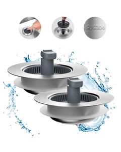 lot 2331 image: Hibbent Upgraded 2 Pack 3 in 1 Kitchen Sink Drain Strainer and Stopper Combo, Stainless Steel Metal Pop Up Sink Stopper, Anti-Clogging Basket with Foldable Handle for US Standard 3-12 Inch Drain - Retail $9