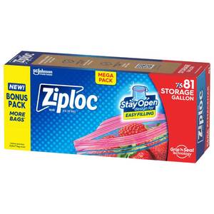 lot 2352 image: Ziploc Gallon Food Storage Bags, Stay Open Design with Stand-Up Bottom, Easy to Fill, 81 Count - Retail $12