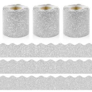 lot 2354 image: 3 Rolls 98.4 Ft Glitter Bulletin Board Borders Set - Silver Bulletin Board Decorations for Classroom, Office, School Supplies &amp Home DIY - Perfect for Teachers, Posters &amp Birthday Party Decor - Retail $10