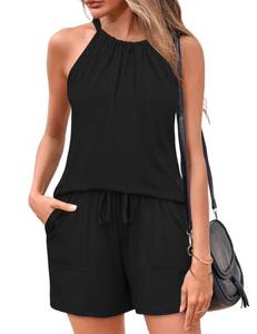 lot 2367 image: Rapbin 2 Piece Short Sets for Women Casual Vacation Summer Outfits Sleeveless Halter Tops Black S - Retail $22