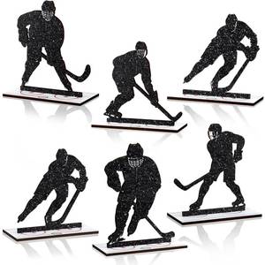 lot 2369 image: Beeveer 6 Pcs Hockey Party Table Decoration Wooden Sports Table Sign Glitter Ice Hockey Players Silhouette Centerpieces Ice Puck Tiered Tray Decor for Fans Club Sport Birthday Tailgate Party Supplies - Retail $15