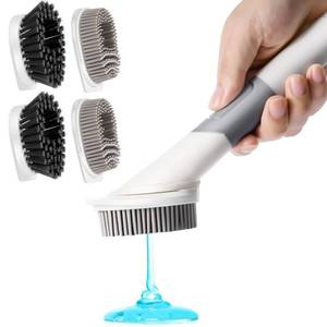 lot 2370 image: Soap Dispensing Dish Brush with 4 Replacement Heads (2 Silicone 2 Bristle), Kitchen Dish Wand Handle Scrubber Set, Silicone Dish Scrubber for Cleaning Dishes - Retail $10