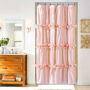 lot 2398 image: Homechoice Decor Peach Small Stall Ruffle Shower Curtain 36 W x 72 H, Vintage Handcrafted Bow Tie Bath Curtain for Master Bathroom, Ruched Microfiber Bathroom Curtain with 7 Buttonholes (LQ-10) - Retail $24
