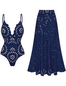 lot 2409 image: FLAXMAKER Womens One Piece Bathing Suit Petal Hollow V Neck Swimsuit and Skirt(Blue,XL) - Retail $44