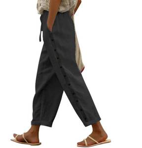 lot 2417 image: Akivide Womens Summer Cotton Linen Pants Drawstring High Waisted Comfy Loose Straight Leg Beach Pants with Pockets Black M - Retail $27