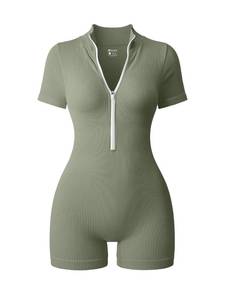 lot 2418 image: OQQ Women Rompers Ribbed Short Sleeve Zip Front Stretch Tummy Control Yoga Workout Rompers Greygreen - Retail $26