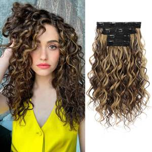lot 2430 image: REECHO Curly Hair Extensions, 4PCS 16 inch Clip in Hair Extensions Lace Weft Short Curly Extension Clip Ins Invisible Natural Hairpieces for Women, Dark Brown with Highlights - Retail $23