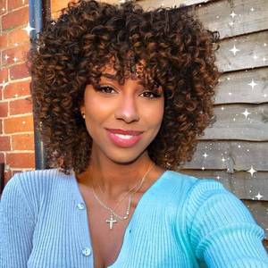lot 2431 image: Lady Hanne Afro Kinky Curly Wig With Bangs Short Curly Afro Wigs for Black Women 12 Inches Ombre Brown Synthetic Curly Wigs - Retail $27