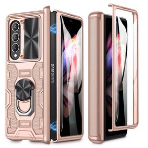 lot 2440 image: Caka Samsung Galaxy Z Fold3 Cellular Phone Case (Rose Gold, Slide Camera Lens Cover, Magnetic Ring Holder, Tempered Glass Screen Protector) - Retail $28