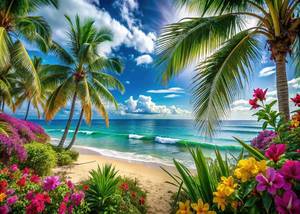 lot 2444 image: Dudaacvt 8x6ft Summer sea Backdrop Tropical Beach Plants Photo Backdrop Hawaiian Ocean Blue Sky Background for Theme Party Supplies Studio Props - Retail $24