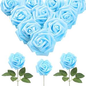 lot 2447 image: IPOPU 30pcs Baby Blue Roses Foam Flowers Artificial Roses with Stems, Fake Roses with Fake Flowers for DIY Wedding Bouquets Baby Shower Centerpieces Floral Party Home Dcor (Light Blue) - Retail $18