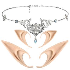 lot 2452 image: FRESHME Elf Ears with Fairy Moon Headpieces Set - Handmade Elven Ears with Crystal Celtic Head Chain Goddess Crescent Headband for Women Girls Cosplay Renaissance Christmas Costume - Retail $10